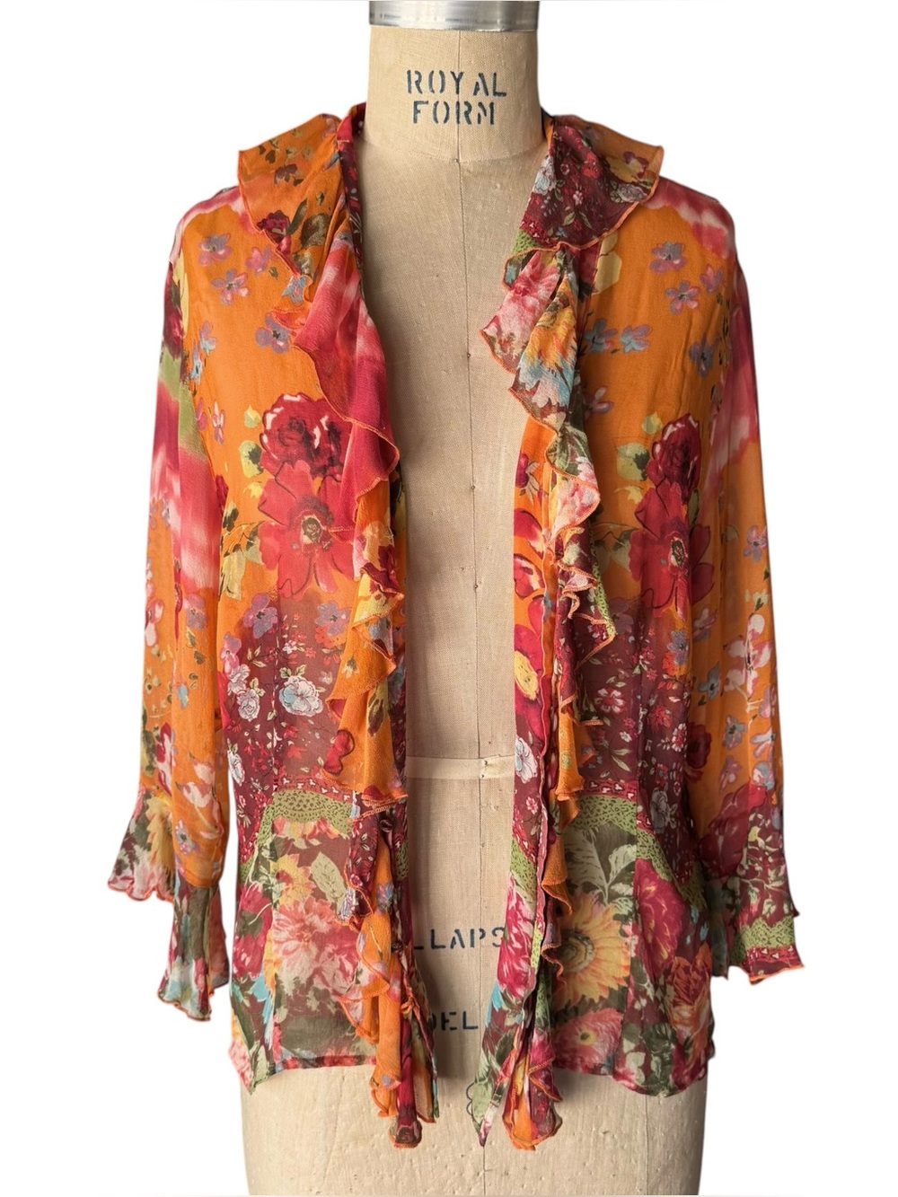 Vintage Y2K Silk Colorful Floral Fairy Ruffle Buttoned Blouse